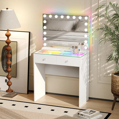 VanitiSet Mira | 2 Drawer Desk & 18 Bulb RGB Bluetooth Mirror Set