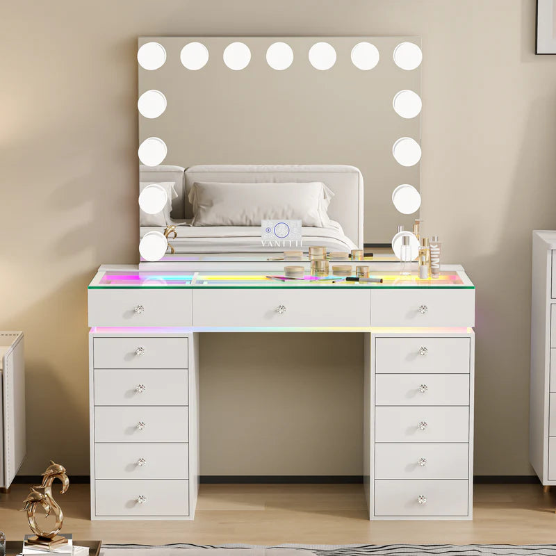 VanitiSet Polly | Hollywood Glass Top Vanity Set With 13 Drawers, RGB Lights & USB-C Charging