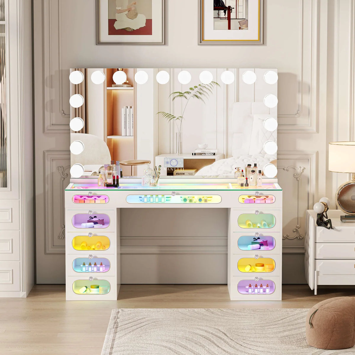 VanitiSet Aura Circle Spectrum | 11 Drawer Desk & 18 Bulb XXL Mirror Set