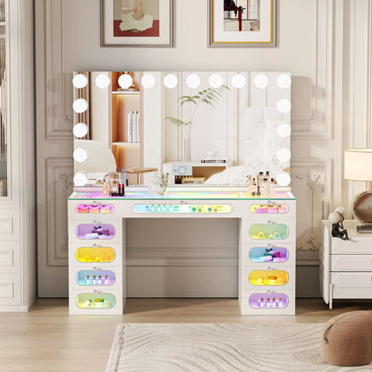 VanitiSet Aura Circle Spectrum | 11 Drawer Desk & 18 Bulb XXL Mirror Set