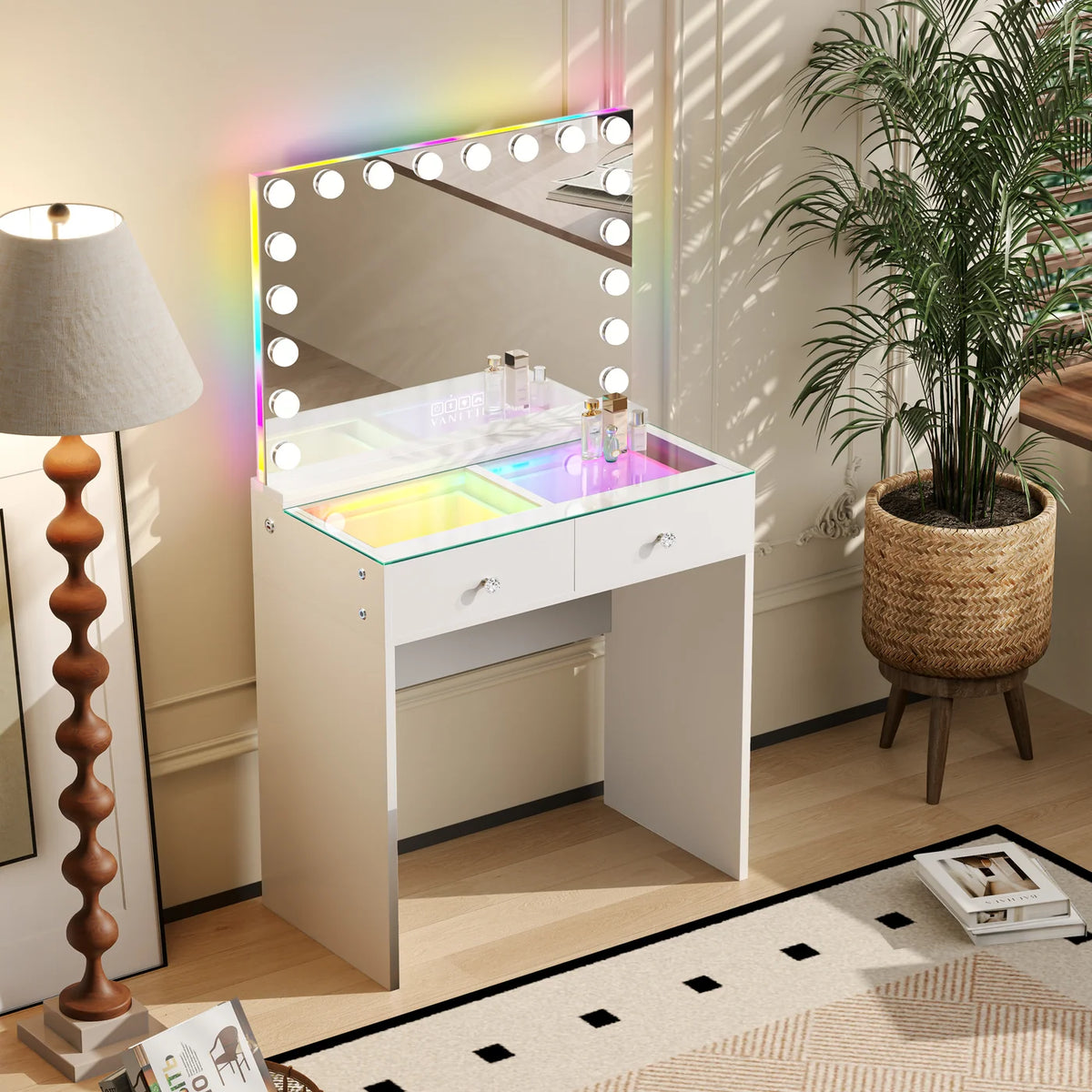 VanitiSet Mira | 2 Drawer Desk & 18 Bulb RGB Bluetooth Mirror Set