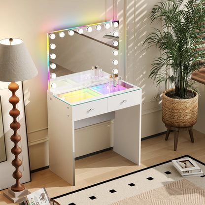 VanitiSet Mira | 2 Drawer Desk & 18 Bulb RGB Bluetooth Mirror Set