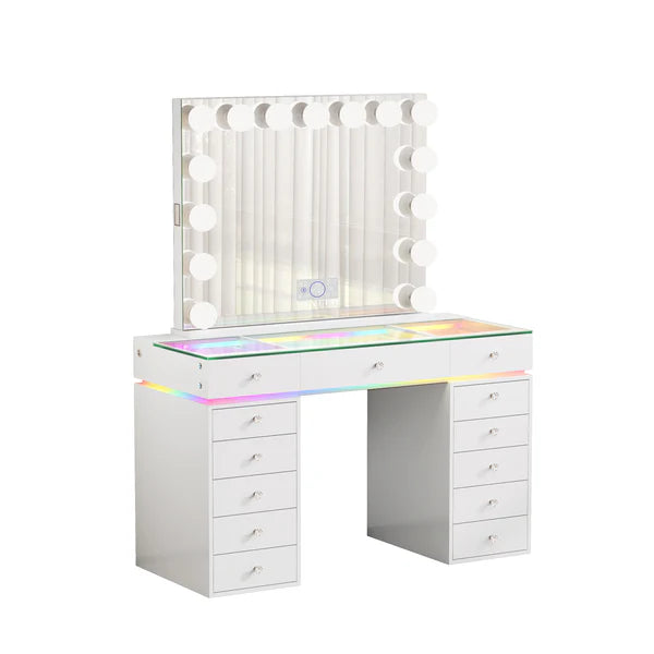 VanitiSet Polly | Hollywood Glass Top Vanity Set With 13 Drawers, RGB Lights & USB-C Charging