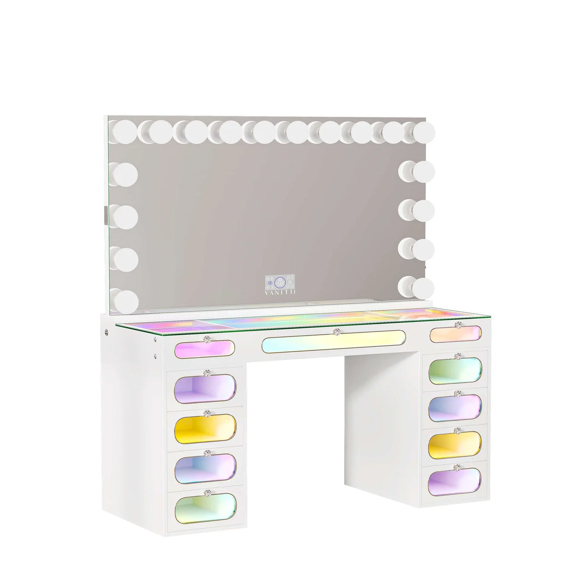 VanitiSet Aura Circle Spectrum | 11 Drawer Desk & 18 Bulb XXL Mirror Set