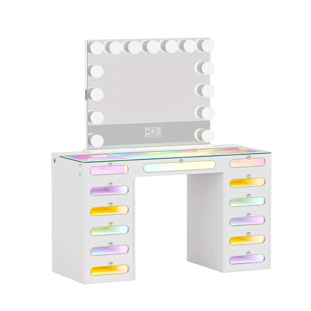VanitiSet Astra | Vanity with Rainbow Lights, 13 Drawer Desk & 15 Bulb Bluetooth Mirror