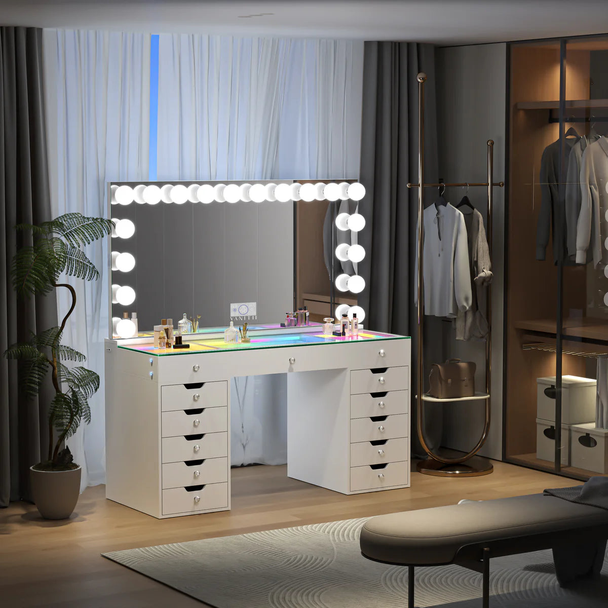 VanitiSet Lumina | Hollywood Vanity Desk with LED Mirror 59", RGB Glass Top, 13 Drawer