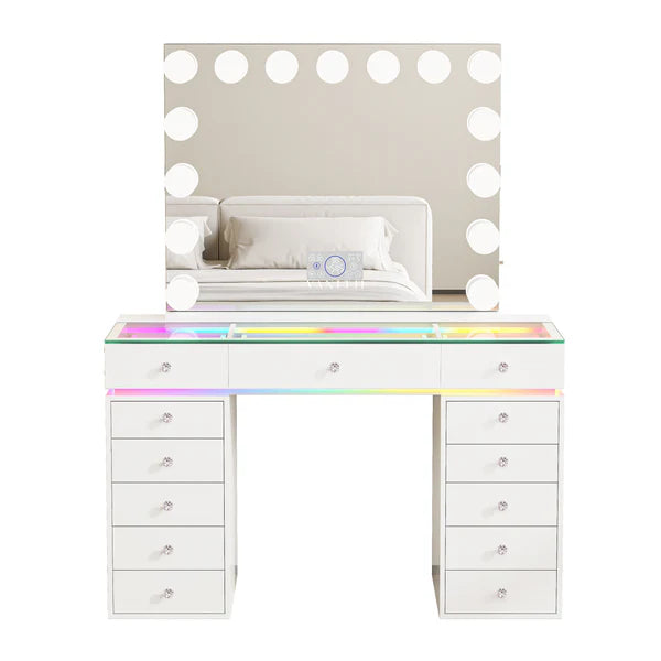 VanitiSet Polly | Hollywood Glass Top Vanity Set With 13 Drawers, RGB Lights & USB-C Charging