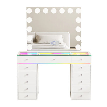 VanitiSet Polly | Hollywood Glass Top Vanity Set With 13 Drawers, RGB Lights & USB-C Charging