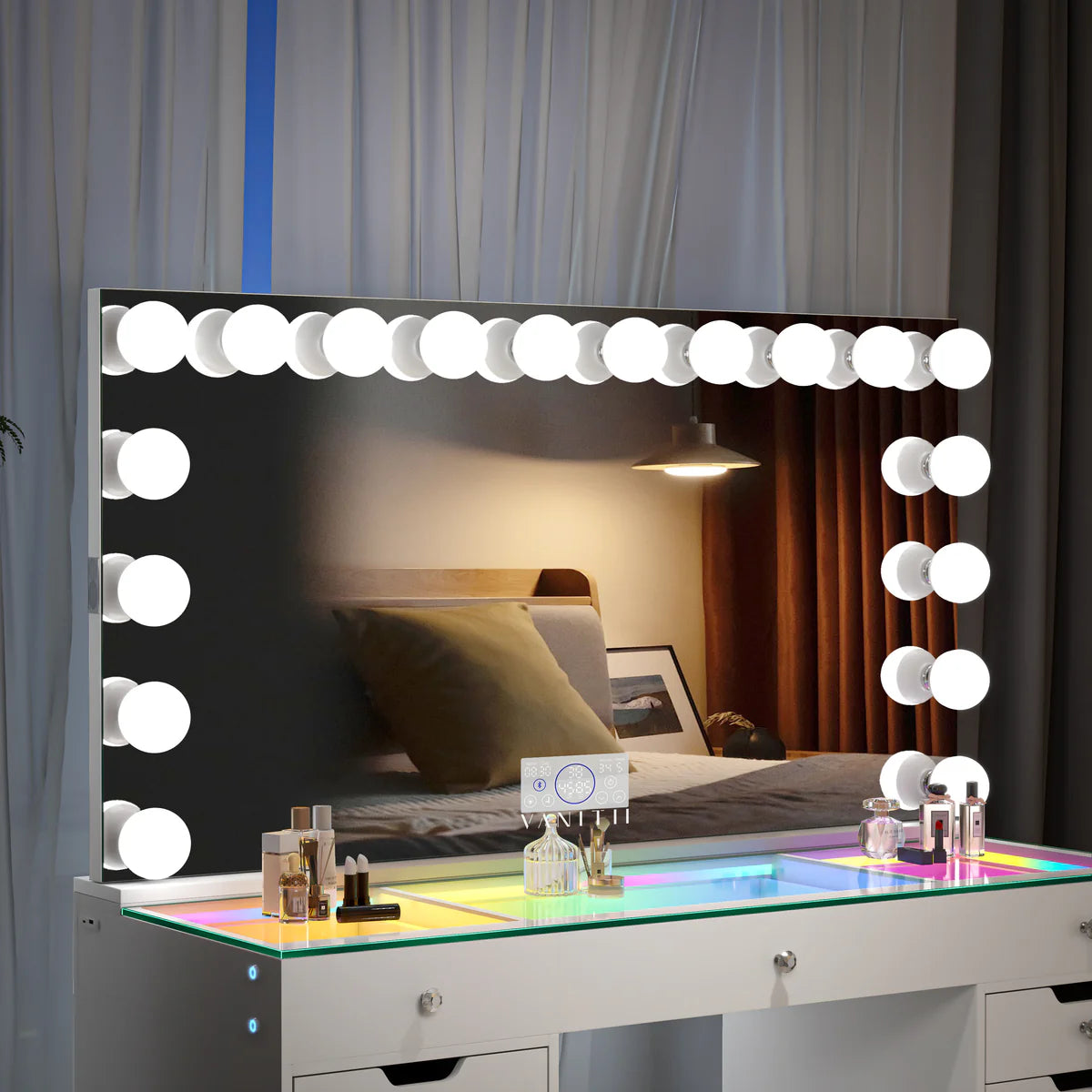 VanitiSet Lumina | Hollywood Vanity Desk with LED Mirror 59", RGB Glass Top, 13 Drawer