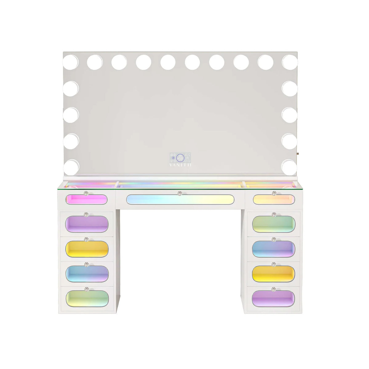 VanitiSet Aura Circle Spectrum | 11 Drawer Desk & 18 Bulb XXL Mirror Set