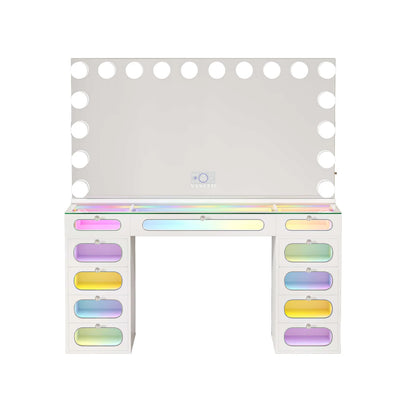 VanitiSet Aura Circle Spectrum | 11 Drawer Desk & 18 Bulb XXL Mirror Set