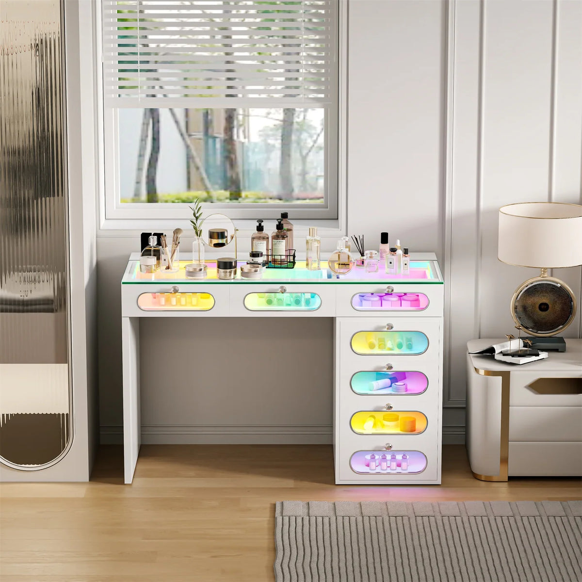 VanitiBar Halo Circle | 47 Inch Vanity with 7 Glass-Front Drawers, Crystal Handles & RGB Lights