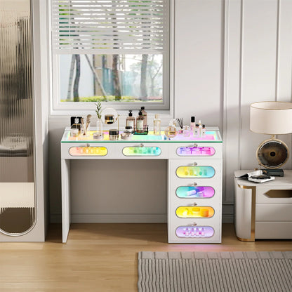 VanitiBar Halo Circle | 47 Inch Vanity with 7 Glass-Front Drawers, Crystal Handles & RGB Lights