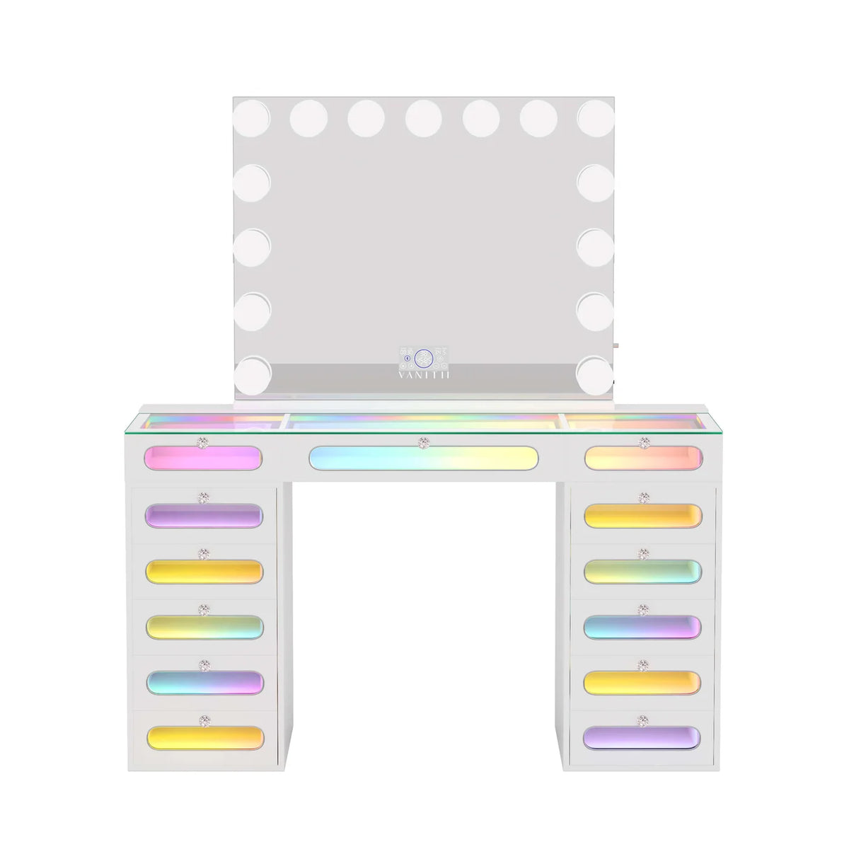 VanitiSet Astra | Vanity with Rainbow Lights, 13 Drawer Desk & 15 Bulb Bluetooth Mirror