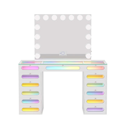 VanitiSet Astra | Vanity with Rainbow Lights, 13 Drawer Desk & 15 Bulb Bluetooth Mirror
