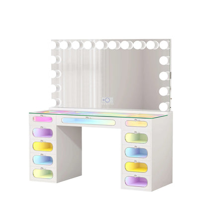 VanitiSet Aura Circle Spectrum | 11 Drawer Desk & 18 Bulb XXL Mirror Set