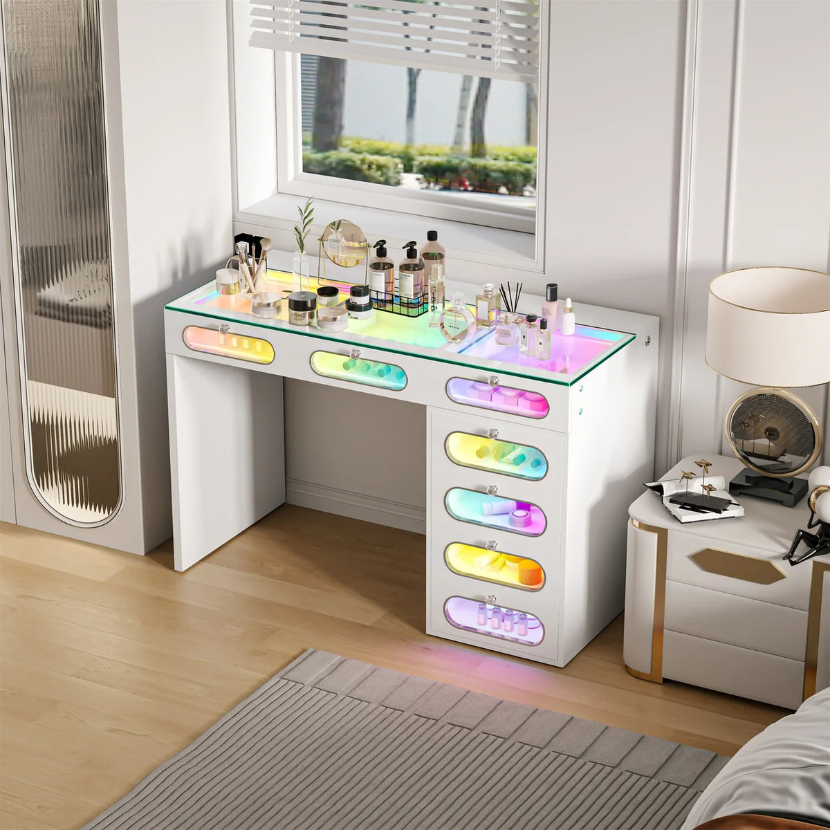 VanitiBar Halo Circle | 47 Inch Vanity with 7 Glass-Front Drawers, Crystal Handles & RGB Lights