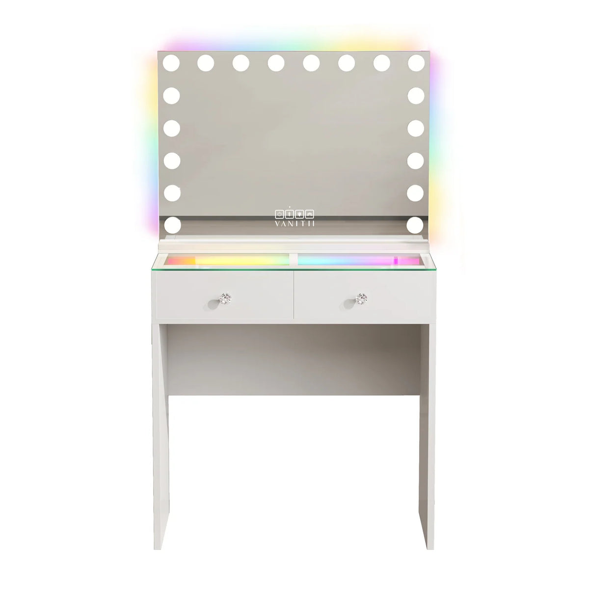 VanitiSet Mira | 2 Drawer Desk & 18 Bulb RGB Bluetooth Mirror Set