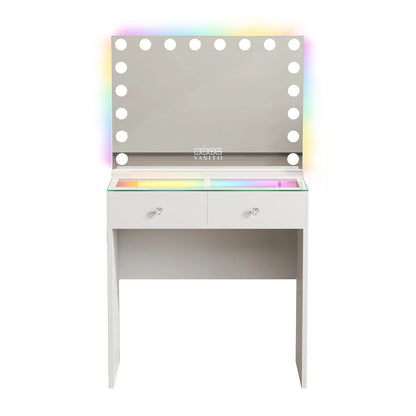 VanitiSet Mira | 2 Drawer Desk & 18 Bulb RGB Bluetooth Mirror Set