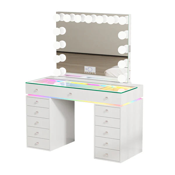 VanitiSet Polly | Hollywood Glass Top Vanity Set With 13 Drawers, RGB Lights & USB-C Charging