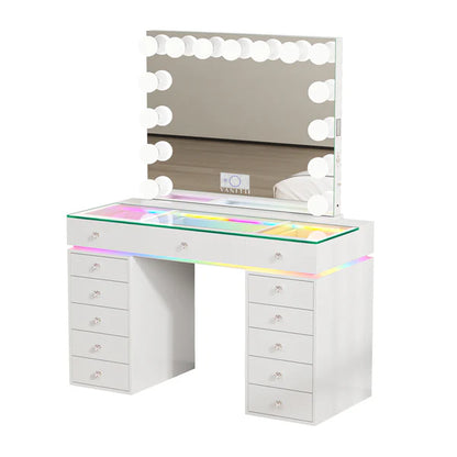 VanitiSet Polly | Hollywood Glass Top Vanity Set With 13 Drawers, RGB Lights & USB-C Charging