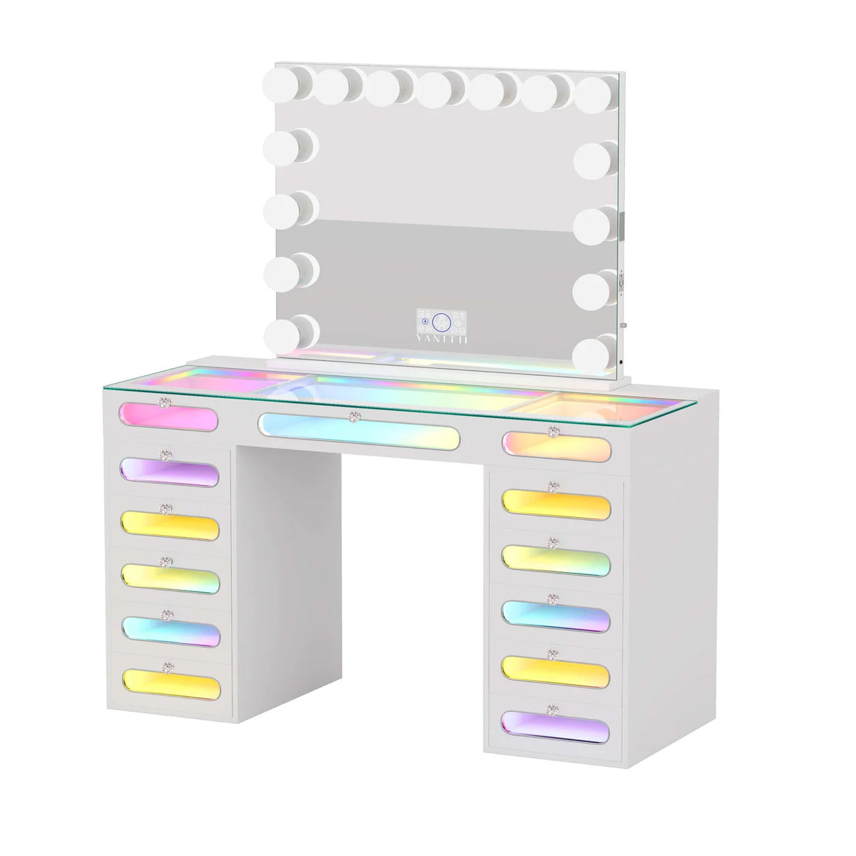 VanitiSet Astra | Vanity with Rainbow Lights, 13 Drawer Desk & 15 Bulb Bluetooth Mirror