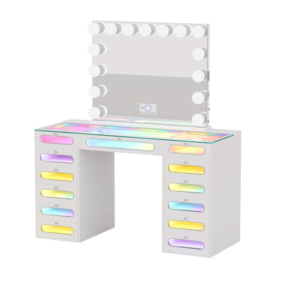 VanitiSet Astra | Vanity with Rainbow Lights, 13 Drawer Desk & 15 Bulb Bluetooth Mirror