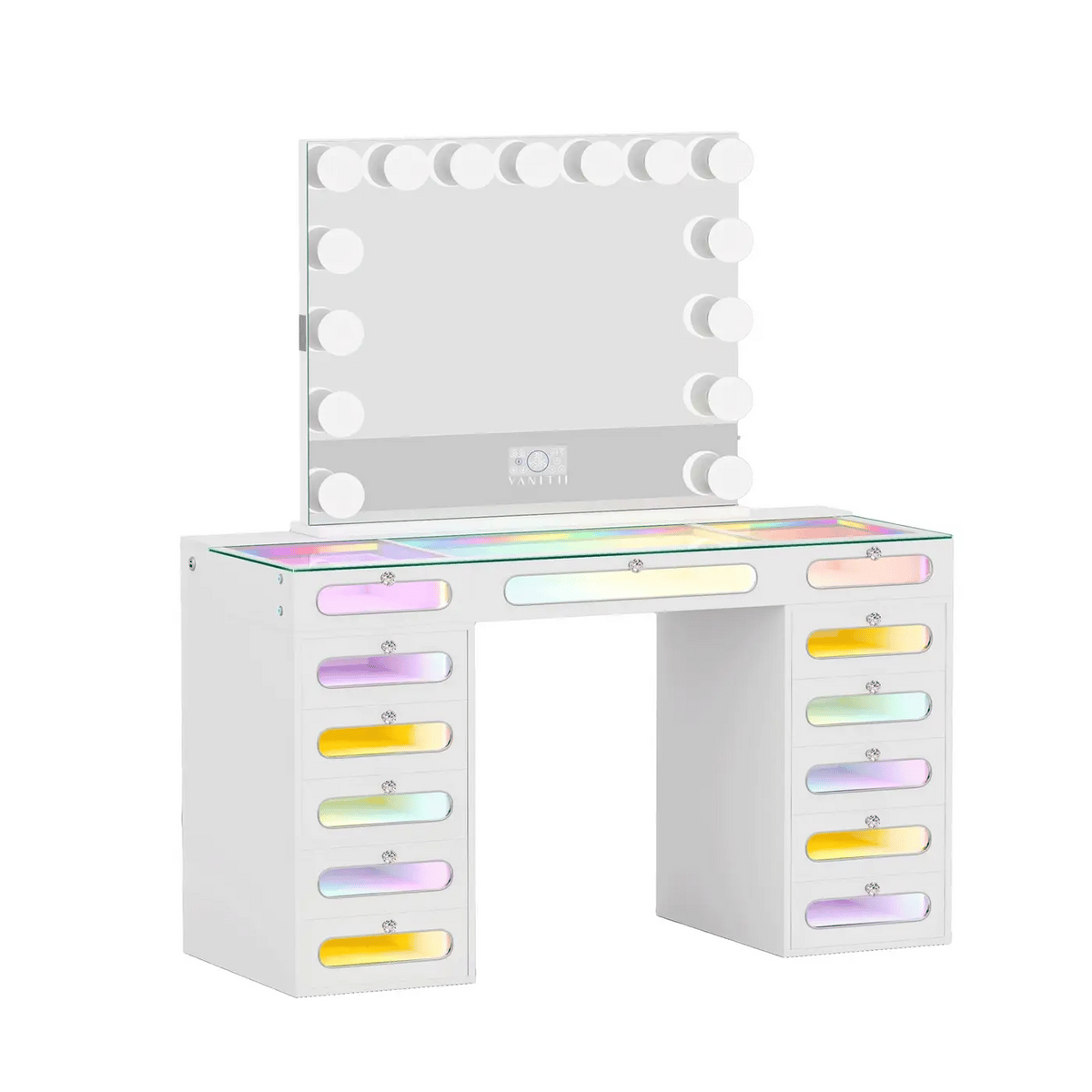 VanitiSet Astra | Vanity with Rainbow Lights, 13 Drawer Desk & 15 Bulb Bluetooth Mirror