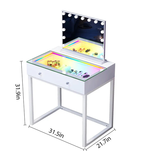VanitiSet Icon 1.0 | Small Vanity Desk & Hollywood Mirror Set With RGB Glass Top Storage