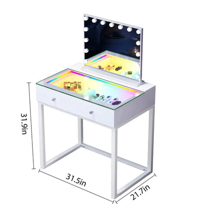 VanitiSet Icon 1.0 | Small Vanity Desk & Hollywood Mirror Set With RGB Glass Top Storage