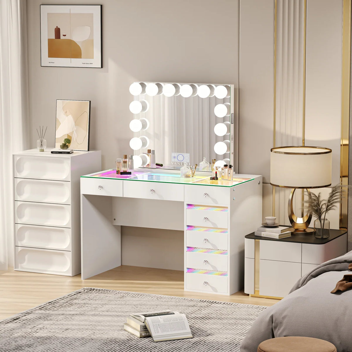 VanitiSet Solara 7 | 7 Drawer Desk & 14 Bulb Bluetooth Mirror Set