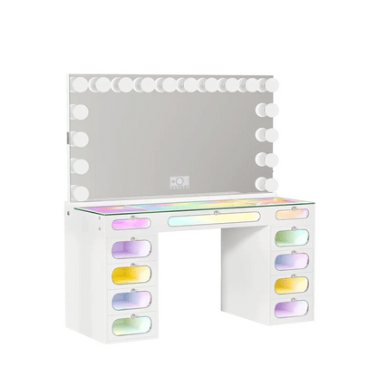 VanitiSet Aura Circle Spectrum | 11 Drawer Desk & 18 Bulb XXL Mirror Set