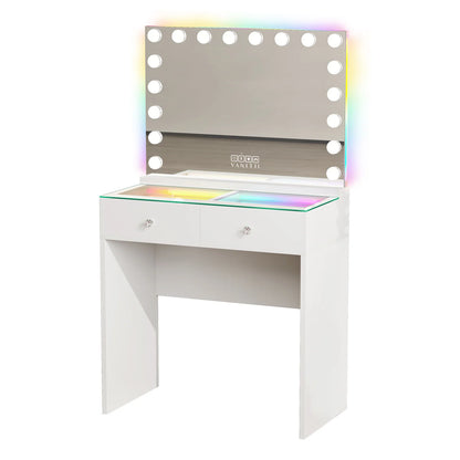 VanitiSet Mira | 2 Drawer Desk & 18 Bulb RGB Bluetooth Mirror Set