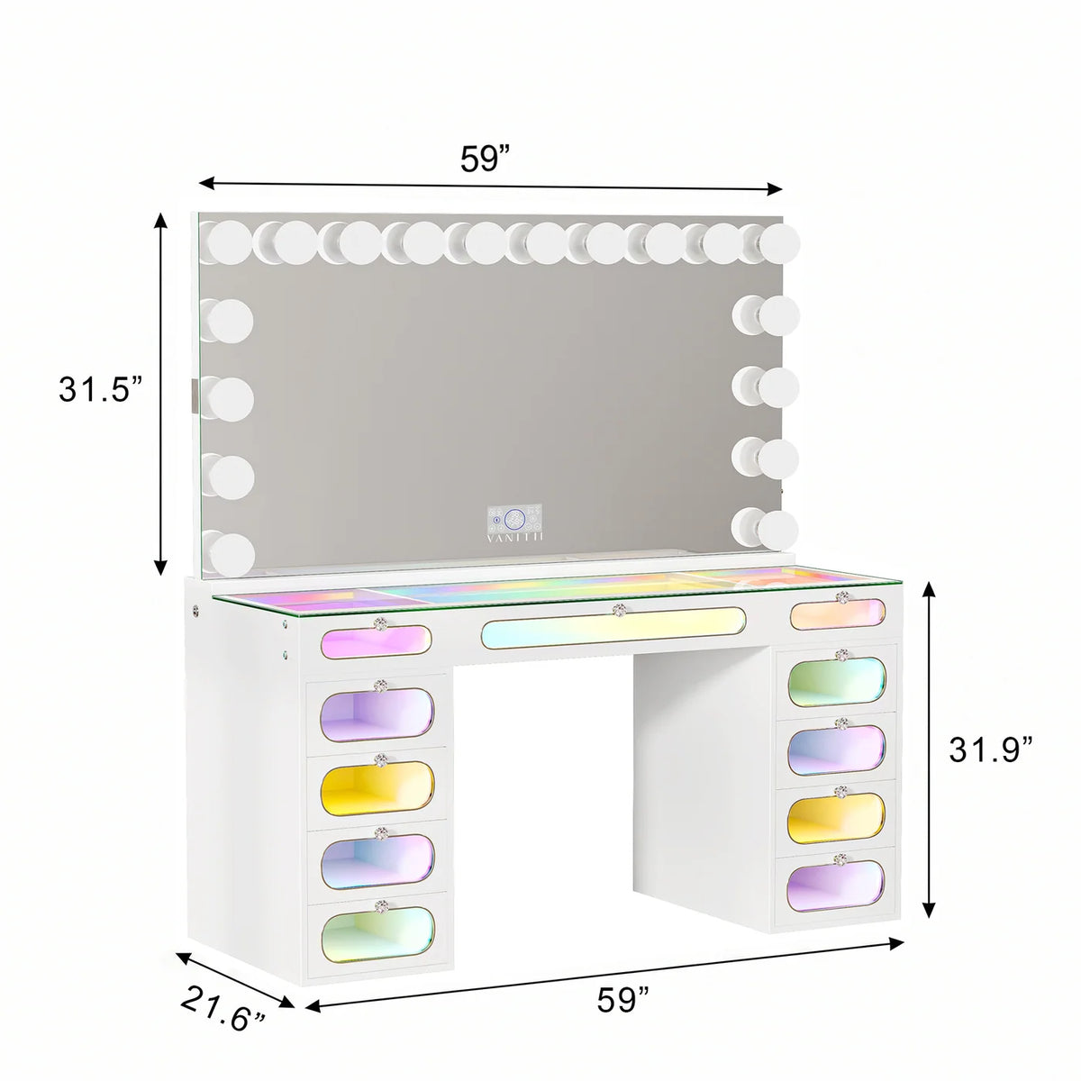 VanitiSet Aura Circle Spectrum | 11 Drawer Desk & 18 Bulb XXL Mirror Set