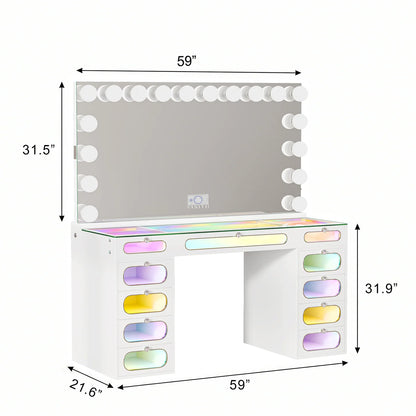 VanitiSet Aura Circle Spectrum | 11 Drawer Desk & 18 Bulb XXL Mirror Set