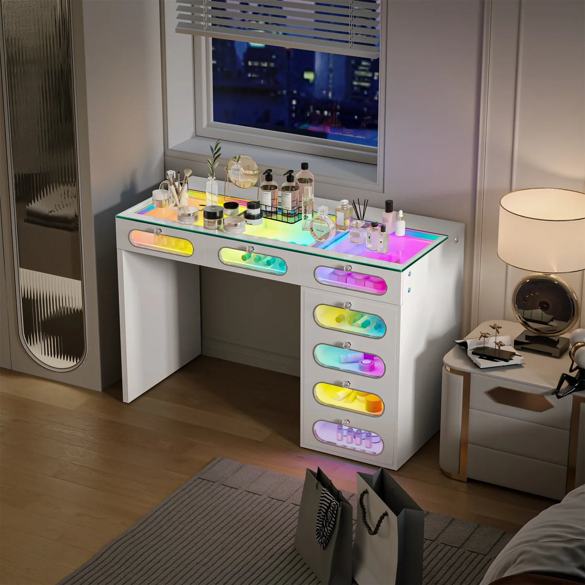 VanitiBar Halo Circle | 47 Inch Vanity with 7 Glass-Front Drawers, Crystal Handles & RGB Lights