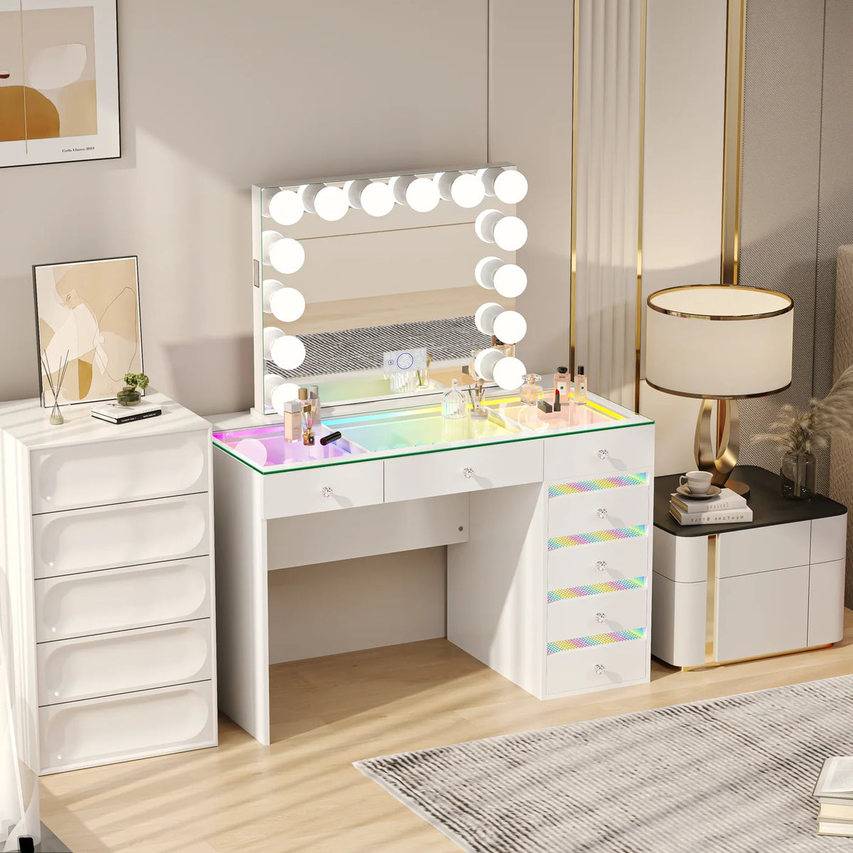 VanitiSet Solara 7 | 7 Drawer Desk & 14 Bulb Bluetooth Mirror Set