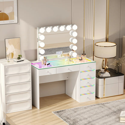 VanitiSet Solara 7 | 7 Drawer Desk & 14 Bulb Bluetooth Mirror Set