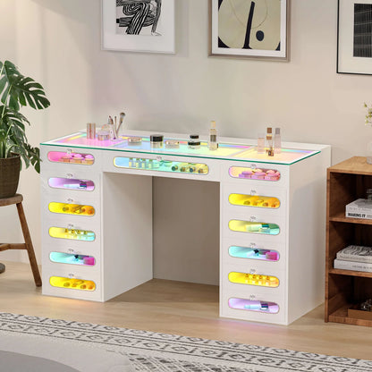 VanitiBar Astra | 13 Drawer Desk with Lighted Glass-Front Drawers & RGB