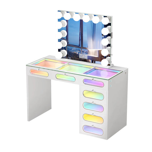VanitiSet Halo Circle | LED Vanity Desk and Hollywood Bluetooth Mirror Set