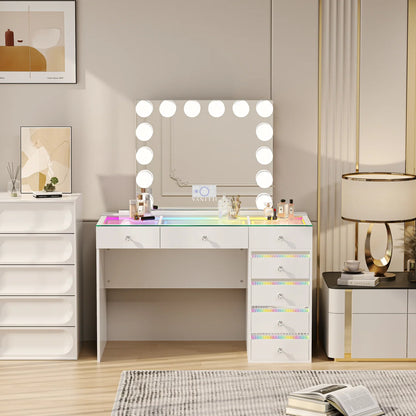 VanitiSet Solara 7 | 7 Drawer Desk & 14 Bulb Bluetooth Mirror Set