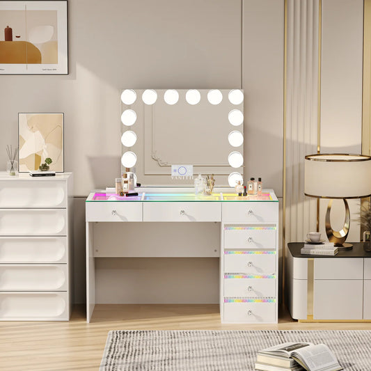 VanitiSet Solara 7 | 7 Drawer Desk & 14 Bulb Bluetooth Mirror Set