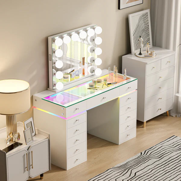 VanitiSet Polly | Hollywood Glass Top Vanity Set With 13 Drawers, RGB Lights & USB-C Charging