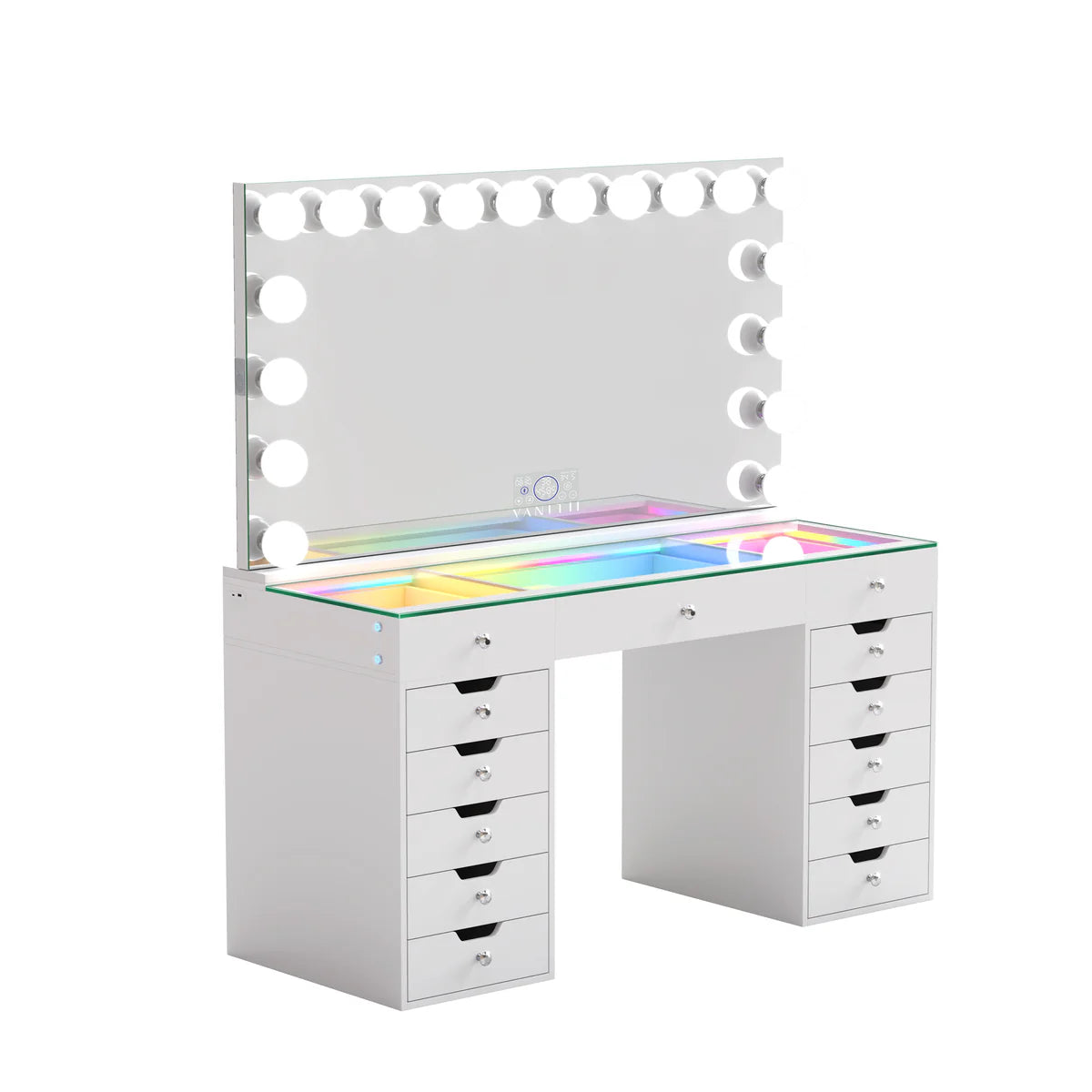VanitiSet Lumina | Hollywood Vanity Desk with LED Mirror 59", RGB Glass Top, 13 Drawer