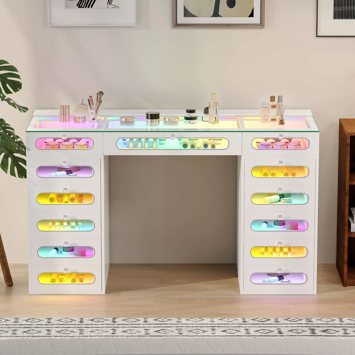 VanitiBar Astra | 13 Drawer Desk with Lighted Glass-Front Drawers & RGB