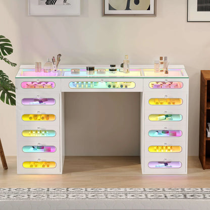 VanitiBar Astra | 13 Drawer Desk with Lighted Glass-Front Drawers & RGB