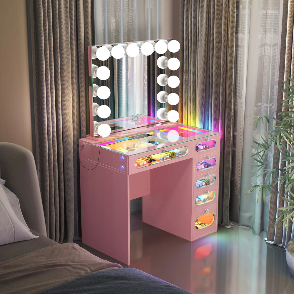 VanitiSet Nova Circle | LED Vanity Desk and Hollywood Bluetooth Mirror Set