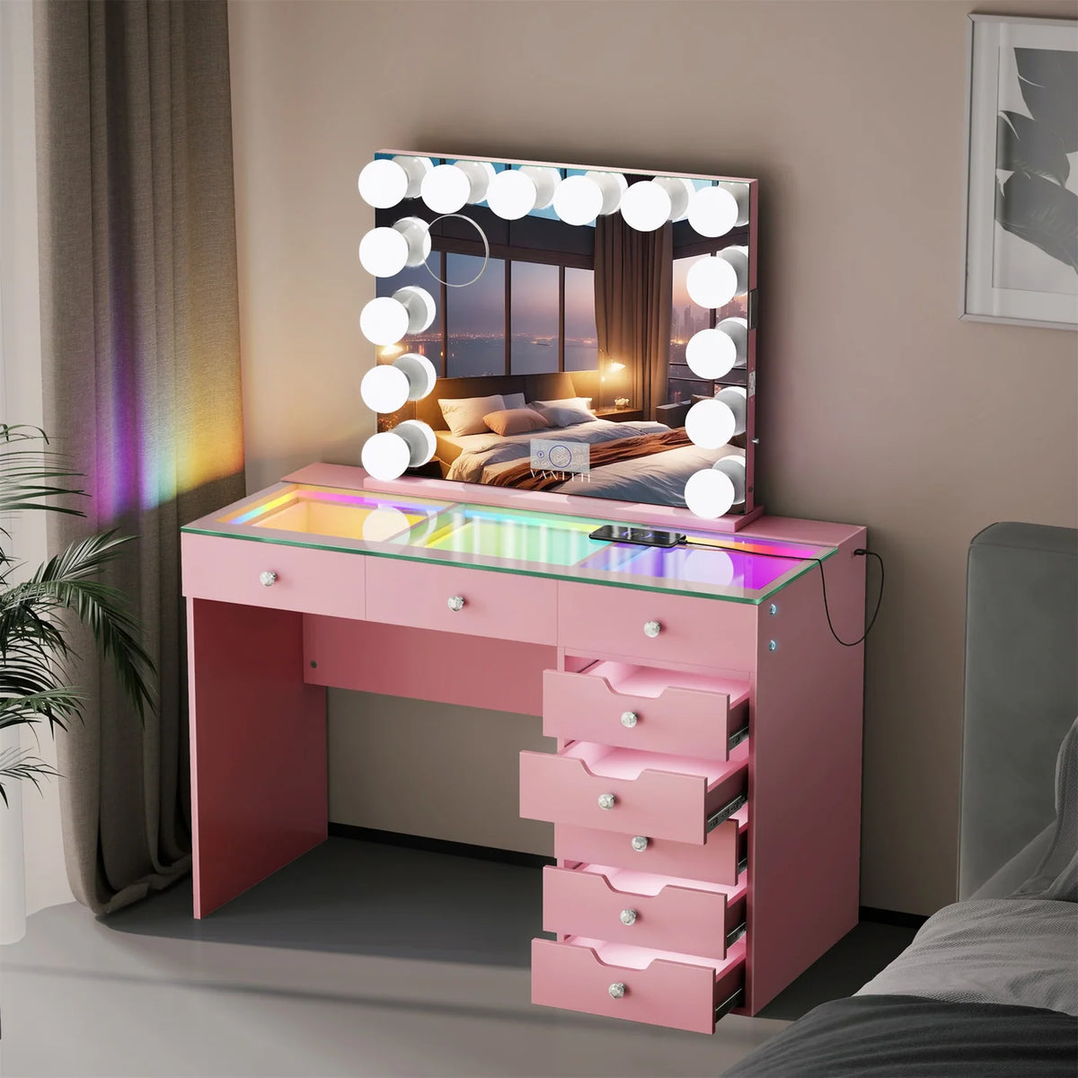 VanitiSet Pixie Gleam | 8 Drawer Desk with Lighted Drawers & 14 Bulb Mirror