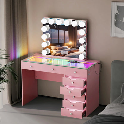 VanitiSet Pixie Gleam | 8 Drawer Desk with Lighted Drawers & 14 Bulb Mirror