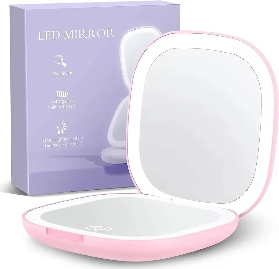 GoGlow Fold | Compact Travel Mirror with Light, 5X Magnification, Rechargeable Folding Mirror